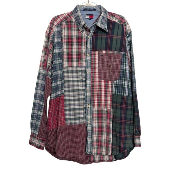 Tommy Hilfiger Patchwork Plaid Shirt Mens Size Medium Red Preppy Long Sleeve 90s - Picture 1 of 10